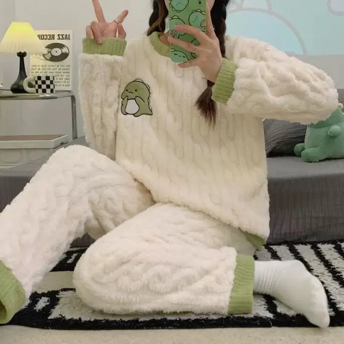칼 220g 자카드 플리스 카툰 자수 파자마 여성 가을 겨울 따뜻한 외출 가능 홈웨어 세트 · 도매 · OEM · 전 세계 배송 - Detail 27