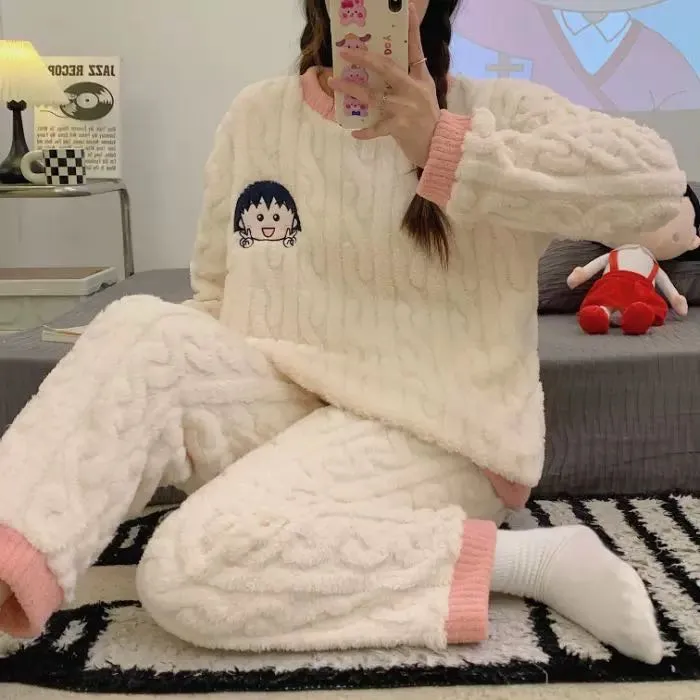 칼 220g 자카드 플리스 카툰 자수 파자마 여성 가을 겨울 따뜻한 외출 가능 홈웨어 세트 · 도매 · OEM · 전 세계 배송 - Detail 13