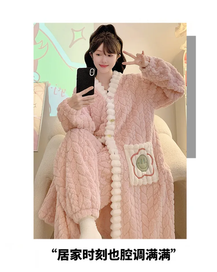 Pyjama femme en jacquard, style princesse sucrée pour l'hiver, robe de nuit mi-longue, manches longues, pantalon long, grande taille jusqu'à 110 kg, vêtements d'intérieur · Grossiste · OEM · Mondial - Detail 18