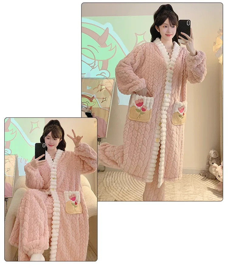 Pyjama femme en jacquard, style princesse sucrée pour l'hiver, robe de nuit mi-longue, manches longues, pantalon long, grande taille jusqu'à 110 kg, vêtements d'intérieur · Grossiste · OEM · Mondial - Detail 15