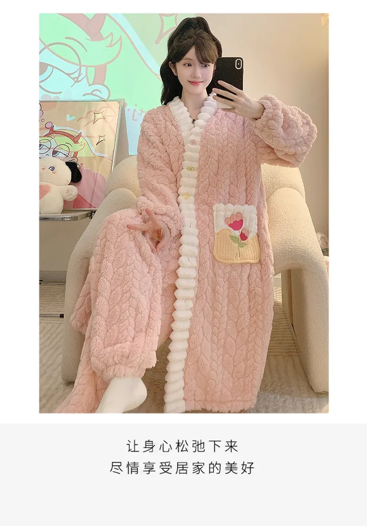 Pyjama femme en jacquard, style princesse sucrée pour l'hiver, robe de nuit mi-longue, manches longues, pantalon long, grande taille jusqu'à 110 kg, vêtements d'intérieur · Grossiste · OEM · Mondial - Detail 13