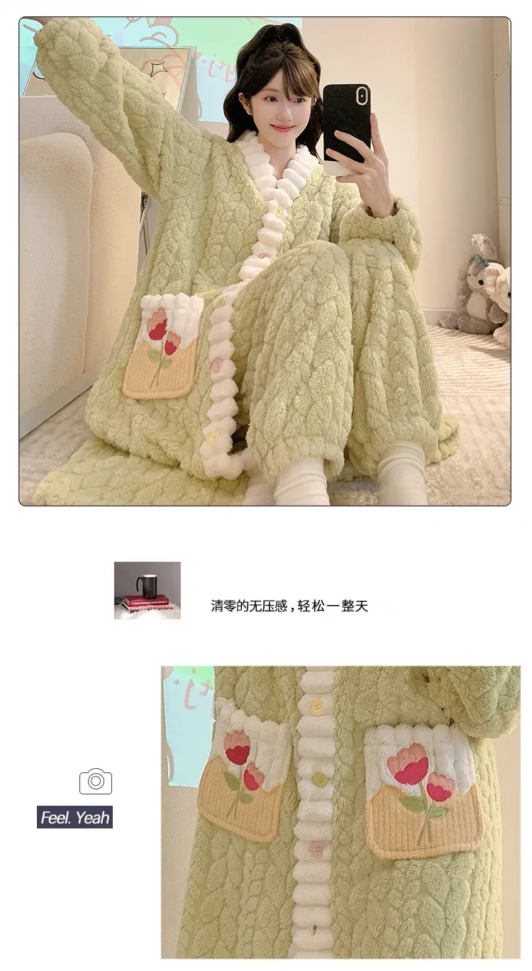 Pyjama femme en jacquard, style princesse sucrée pour l'hiver, robe de nuit mi-longue, manches longues, pantalon long, grande taille jusqu'à 110 kg, vêtements d'intérieur · Grossiste · OEM · Mondial - Detail 22