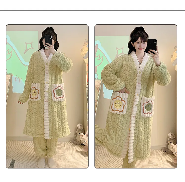 Pyjama femme en jacquard, style princesse sucrée pour l'hiver, robe de nuit mi-longue, manches longues, pantalon long, grande taille jusqu'à 110 kg, vêtements d'intérieur · Grossiste · OEM · Mondial - Detail 28