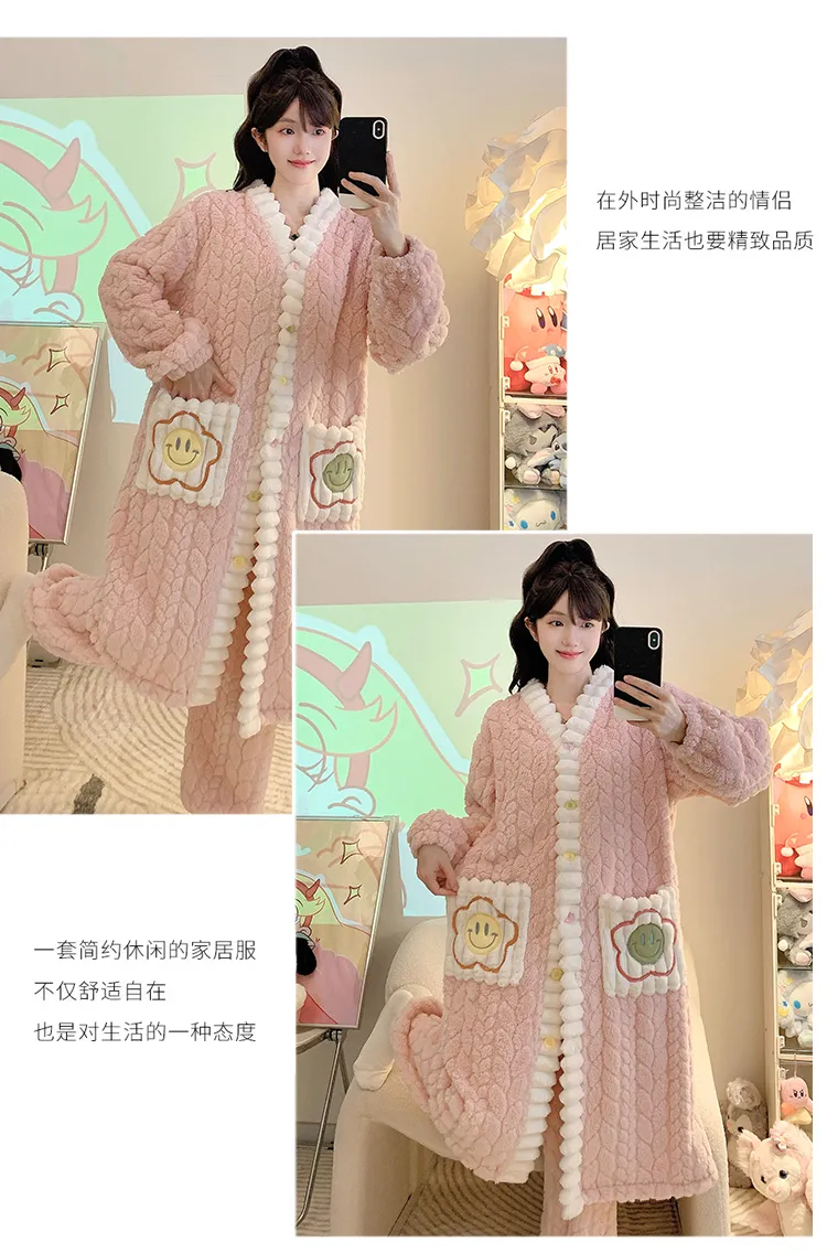 Pyjama femme en jacquard, style princesse sucrée pour l'hiver, robe de nuit mi-longue, manches longues, pantalon long, grande taille jusqu'à 110 kg, vêtements d'intérieur · Grossiste · OEM · Mondial - Detail 20