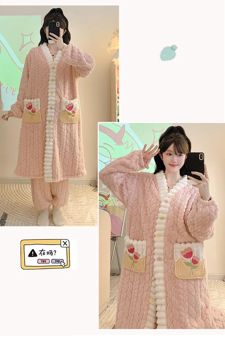 Pyjama femme en jacquard, style princesse sucrée pour l'hiver, robe de nuit mi-longue, manches longues, pantalon long, grande taille jusqu'à 110 kg, vêtements d'intérieur · Grossiste · OEM · Mondial - Detail 12