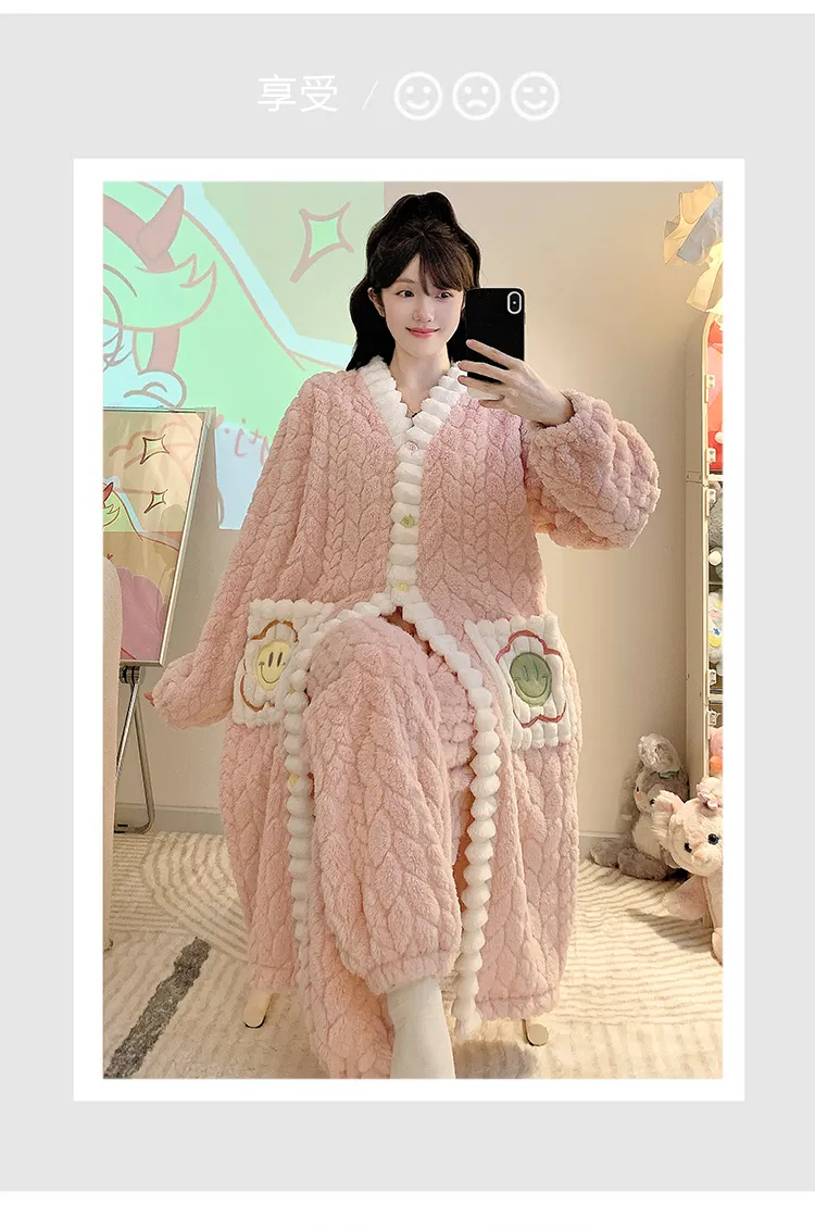 Pyjama femme en jacquard, style princesse sucrée pour l'hiver, robe de nuit mi-longue, manches longues, pantalon long, grande taille jusqu'à 110 kg, vêtements d'intérieur · Grossiste · OEM · Mondial - Detail 16