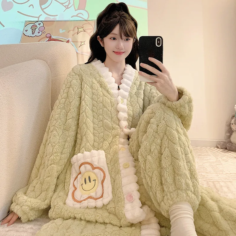 Pyjama femme en jacquard, style princesse sucrée pour l'hiver, robe de nuit mi-longue, manches longues, pantalon long, grande taille jusqu'à 110 kg, vêtements d'intérieur · Grossiste · OEM · Mondial - View 2