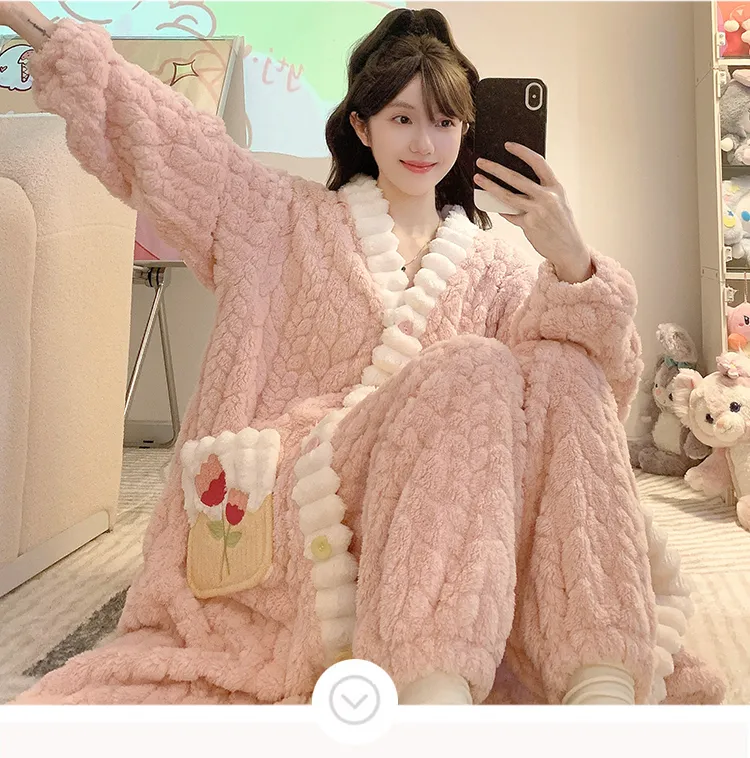 Pyjama femme en jacquard, style princesse sucrée pour l'hiver, robe de nuit mi-longue, manches longues, pantalon long, grande taille jusqu'à 110 kg, vêtements d'intérieur · Grossiste · OEM · Mondial - Detail 11