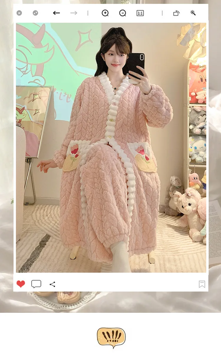Pyjama femme en jacquard, style princesse sucrée pour l'hiver, robe de nuit mi-longue, manches longues, pantalon long, grande taille jusqu'à 110 kg, vêtements d'intérieur · Grossiste · OEM · Mondial - Detail 5
