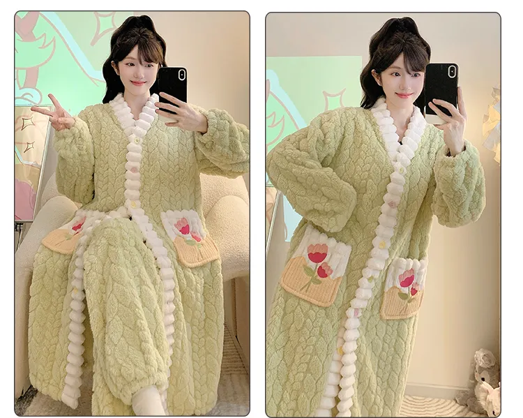 Pyjama femme en jacquard, style princesse sucrée pour l'hiver, robe de nuit mi-longue, manches longues, pantalon long, grande taille jusqu'à 110 kg, vêtements d'intérieur · Grossiste · OEM · Mondial - Detail 24