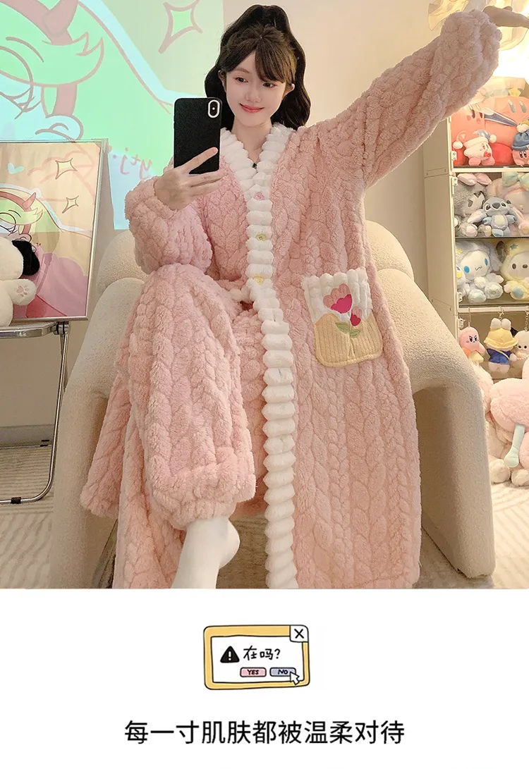 Pyjama femme en jacquard, style princesse sucrée pour l'hiver, robe de nuit mi-longue, manches longues, pantalon long, grande taille jusqu'à 110 kg, vêtements d'intérieur · Grossiste · OEM · Mondial - Detail 14
