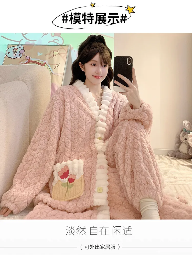 Pyjama femme en jacquard, style princesse sucrée pour l'hiver, robe de nuit mi-longue, manches longues, pantalon long, grande taille jusqu'à 110 kg, vêtements d'intérieur · Grossiste · OEM · Mondial - Detail 10