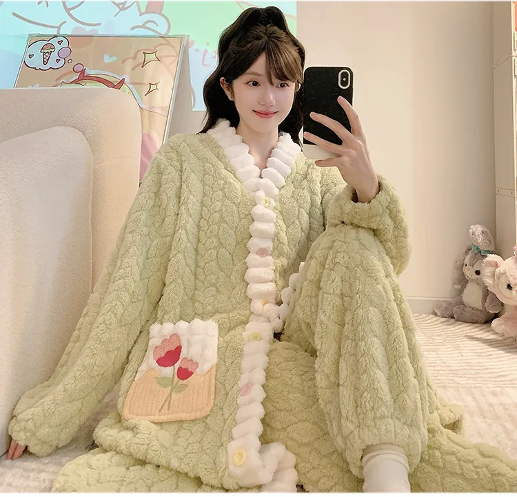 Pyjama femme en jacquard, style princesse sucrée pour l'hiver, robe de nuit mi-longue, manches longues, pantalon long, grande taille jusqu'à 110 kg, vêtements d'intérieur · Grossiste · OEM · Mondial - Detail 23