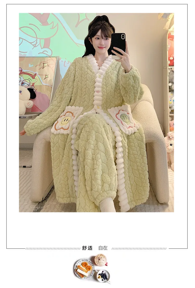 Pyjama femme en jacquard, style princesse sucrée pour l'hiver, robe de nuit mi-longue, manches longues, pantalon long, grande taille jusqu'à 110 kg, vêtements d'intérieur · Grossiste · OEM · Mondial - Detail 26