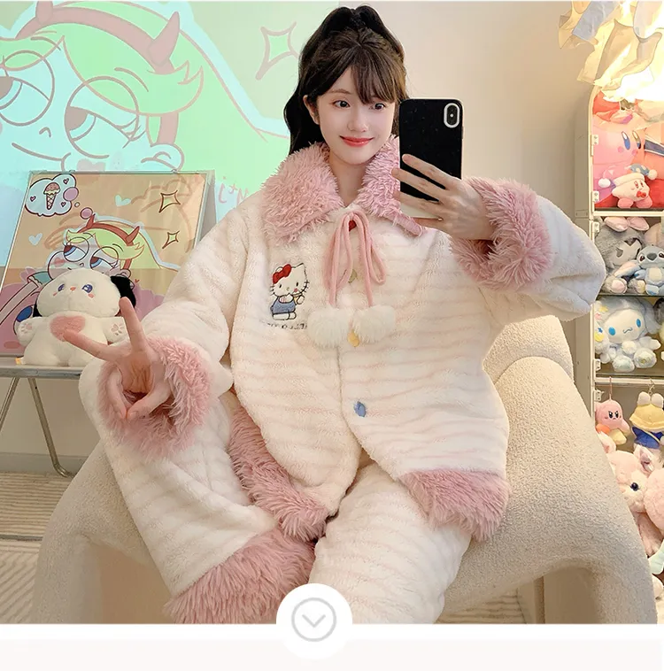 Meifei Velvet Pajamas Women Autumn Winter Sweet Style Long Sleeve Long Pants Plus Size 110kg Fat MM Homewear Wearable Outside · Wholesale · OEM · Worldwide Shipping - Detail 10