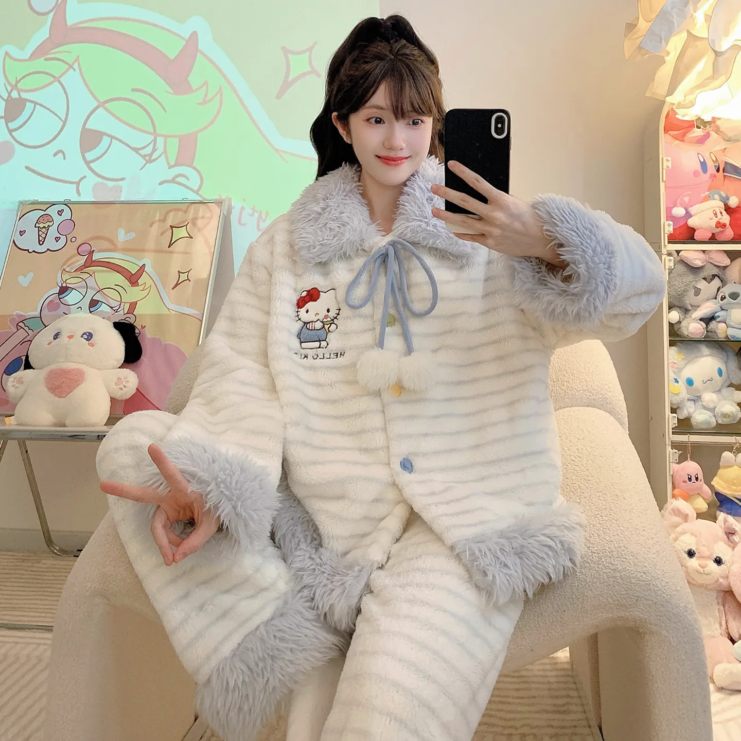 Meifei Velvet Pajamas Women Autumn Winter Sweet Style Long Sleeve Long Pants Plus Size 110kg Fat MM Homewear Wearable Outside · Wholesale · OEM · Worldwide Shipping - View 3