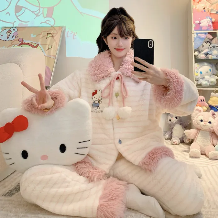 Meifei Velvet Pajamas Women Autumn Winter Sweet Style Long Sleeve Long Pants Plus Size 110kg Fat MM Homewear Wearable Outside · Wholesale · OEM · Worldwide Shipping - Detail 1
