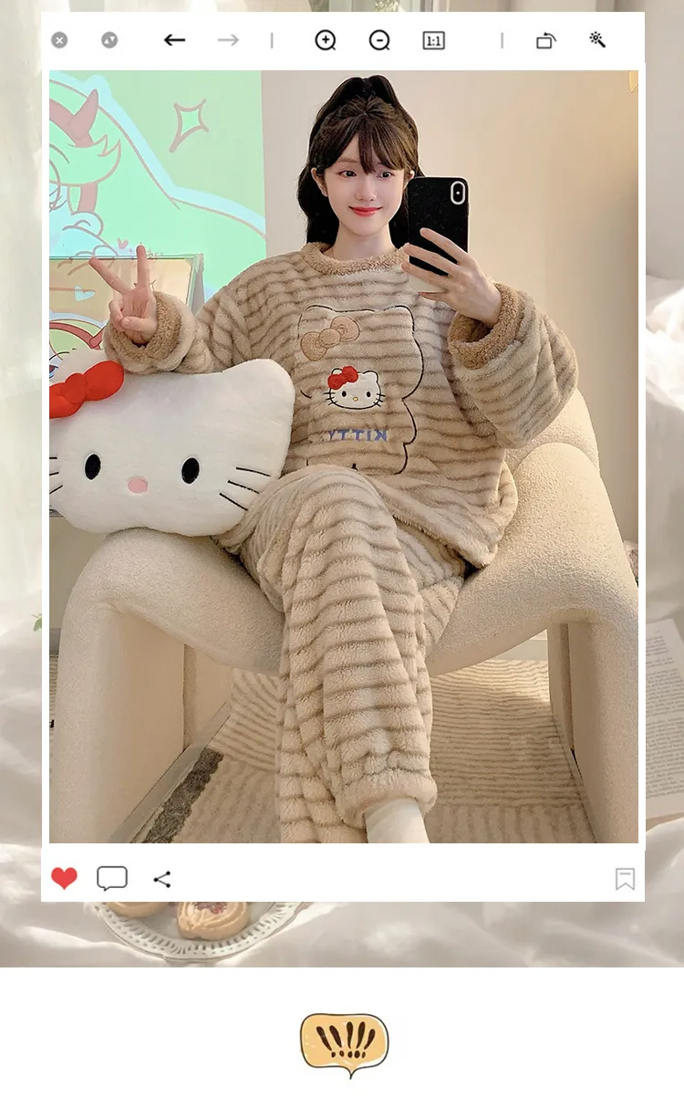 Meifei Velvet Pajamas Women Autumn Winter Casual Sweet Long Sleeve Long Pants Plus Size 110kg Fat M Homewear Wearable Outside · Wholesale · OEM · Worldwide Shipping - Detail 1