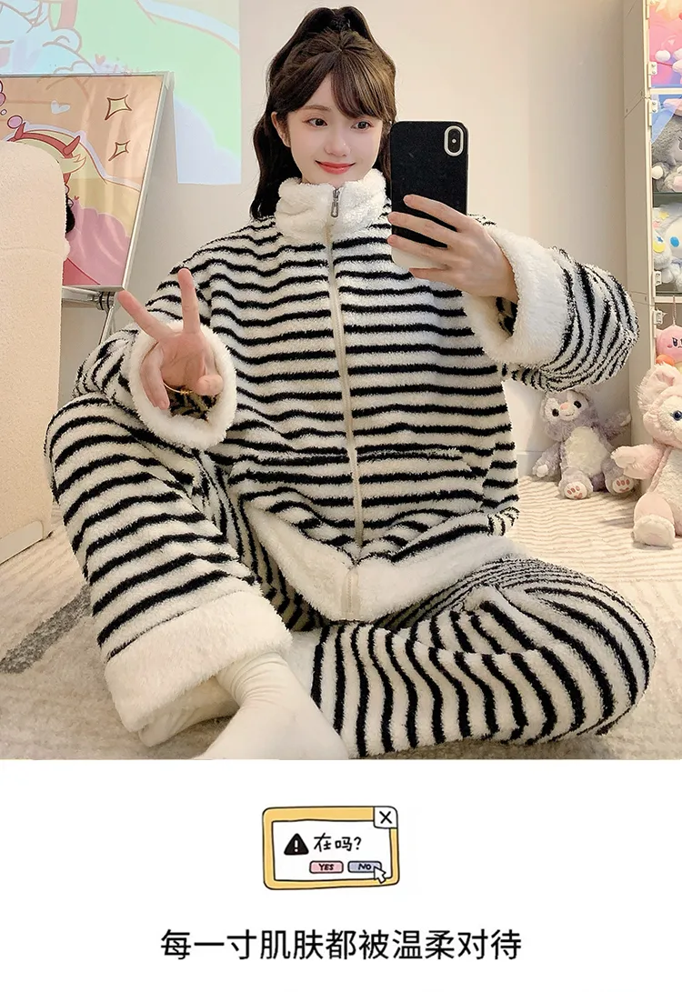 하프 플리스 파자마 여성 가을겨울 달콤한 캐주얼 스타일 긴팔 긴바지 빅사이즈 110kg 홈웨어 외출 · 도매 · OEM · 전 세계 배송 - Detail 10