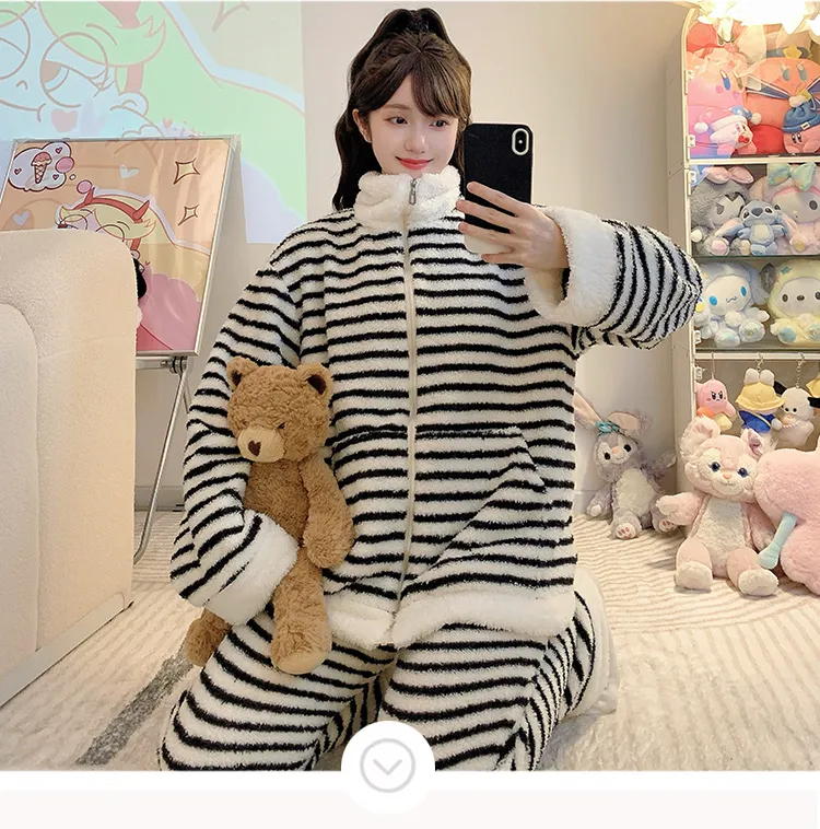하프 플리스 파자마 여성 가을겨울 달콤한 캐주얼 스타일 긴팔 긴바지 빅사이즈 110kg 홈웨어 외출 · 도매 · OEM · 전 세계 배송 - Detail 7