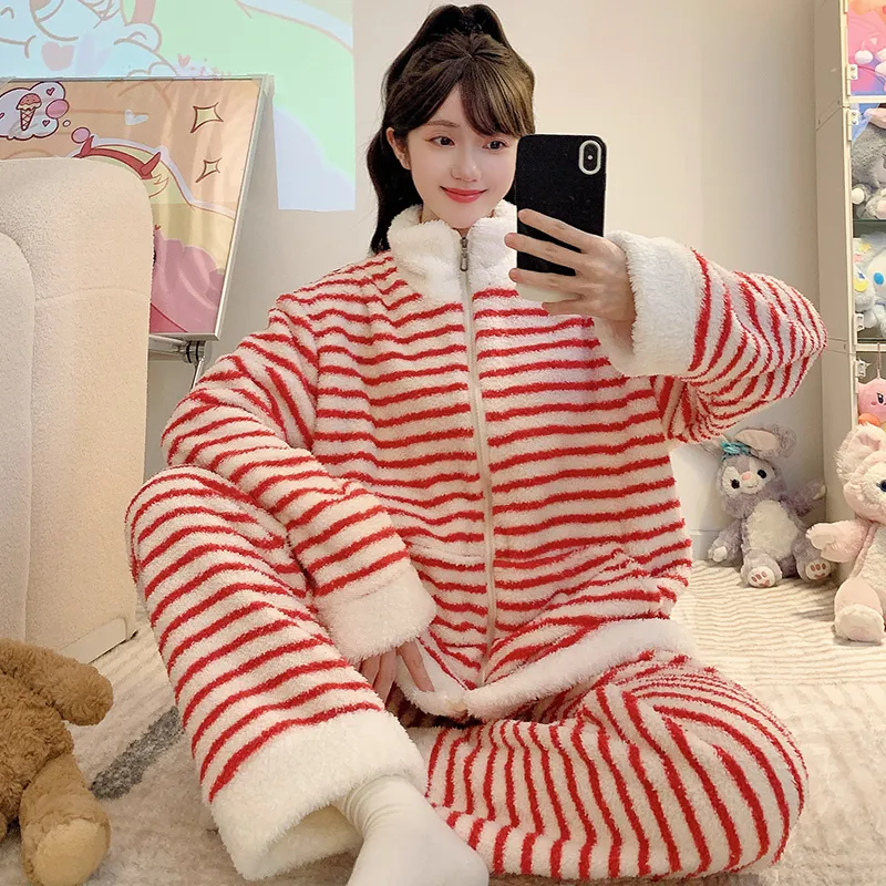 하프 플리스 파자마 여성 가을겨울 달콤한 캐주얼 스타일 긴팔 긴바지 빅사이즈 110kg 홈웨어 외출 · 도매 · OEM · 전 세계 배송 - View 3