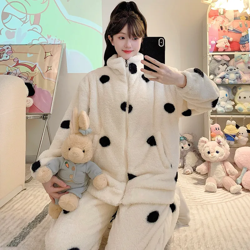 Long Plush Pajamas Women Winter Sweet Stand Collar Zip Cardigan Long Sleeve Long Pants Plus Size 110kg Loungewear · Wholesale · OEM · Worldwide Shipping - View 3
