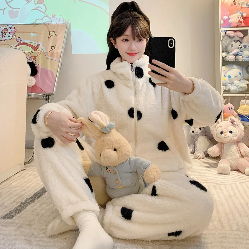 Long Plush Pajamas Women Winter Sweet Stand Collar Zip Cardigan Long Sleeve Long Pants Plus Size 110kg Loungewear · Wholesale · OEM · Worldwide Shipping