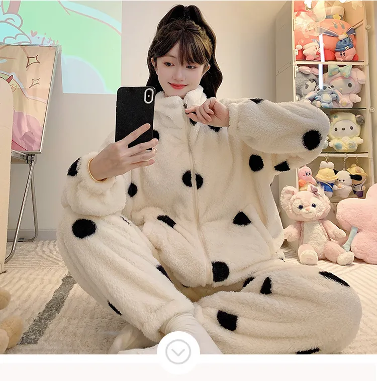 Long Plush Pajamas Women Winter Sweet Stand Collar Zip Cardigan Long Sleeve Long Pants Plus Size 110kg Loungewear · Wholesale · OEM · Worldwide Shipping - Detail 7