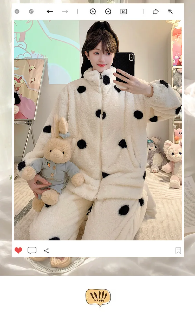 Long Plush Pajamas Women Winter Sweet Stand Collar Zip Cardigan Long Sleeve Long Pants Plus Size 110kg Loungewear · Wholesale · OEM · Worldwide Shipping - Detail 1