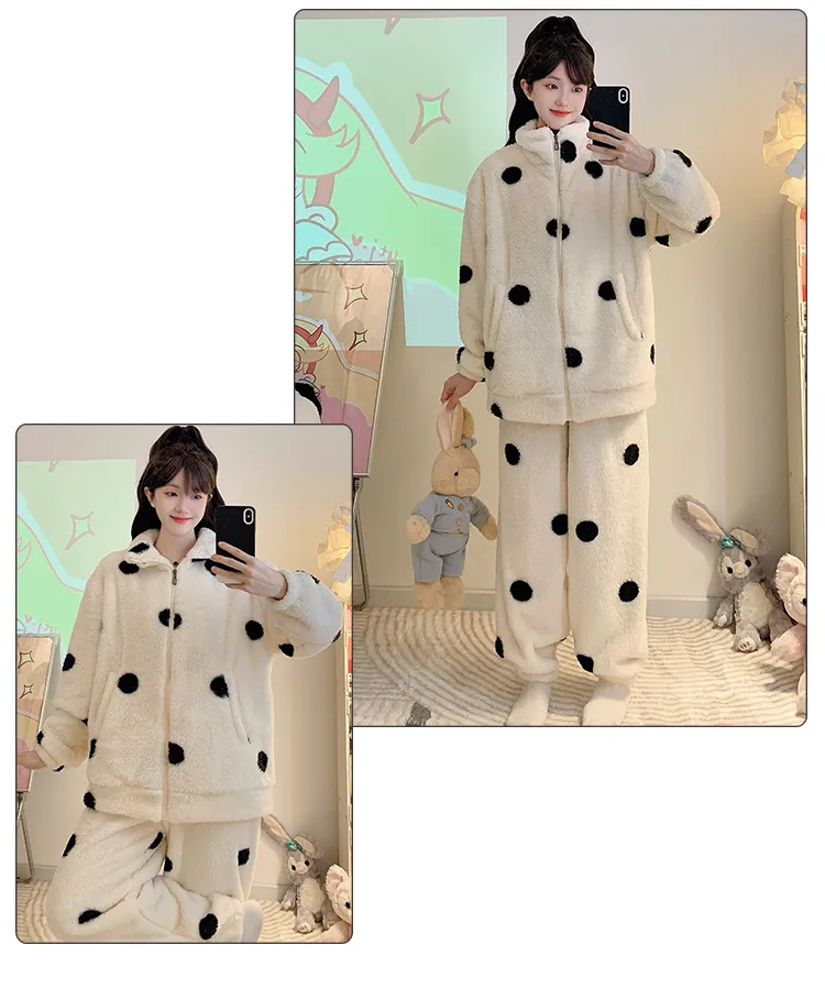 Long Plush Pajamas Women Winter Sweet Stand Collar Zip Cardigan Long Sleeve Long Pants Plus Size 110kg Loungewear · Wholesale · OEM · Worldwide Shipping - Detail 11