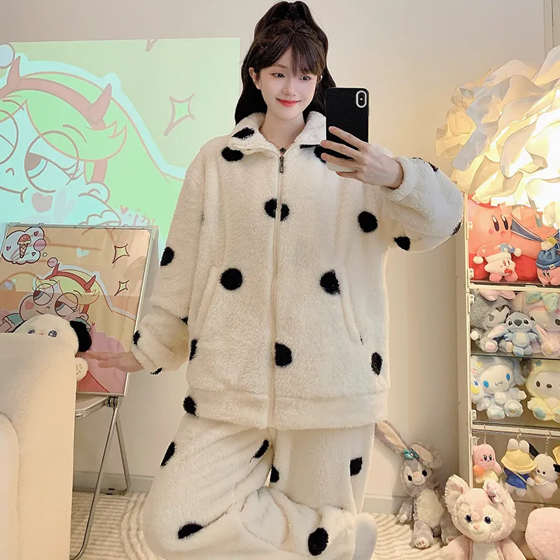 Long Plush Pajamas Women Winter Sweet Stand Collar Zip Cardigan Long Sleeve Long Pants Plus Size 110kg Loungewear · Wholesale · OEM · Worldwide Shipping - View 1