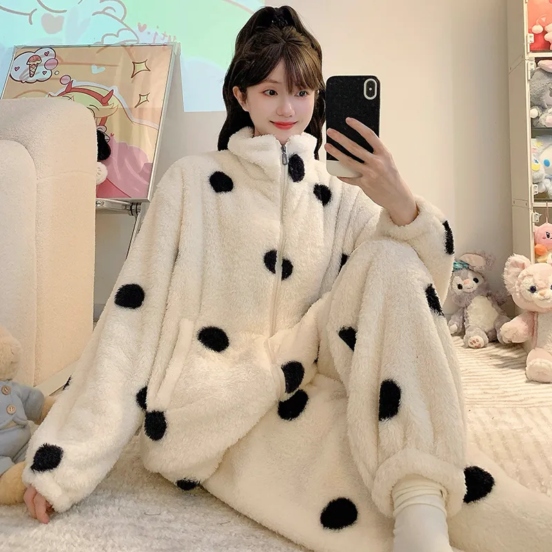 Long Plush Pajamas Women Winter Sweet Stand Collar Zip Cardigan Long Sleeve Long Pants Plus Size 110kg Loungewear · Wholesale · OEM · Worldwide Shipping - View 2