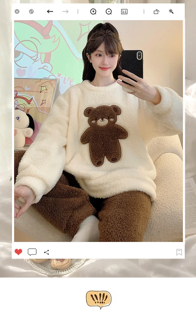 하프 플리스 파자마 여성 가을 겨울 캐주얼 스타일 긴팔 긴바지 빅사이즈 110kg 뚱뚱 MM 홈웨어 외출 가능 · 도매 · OEM · 전 세계 배송 - Detail 1