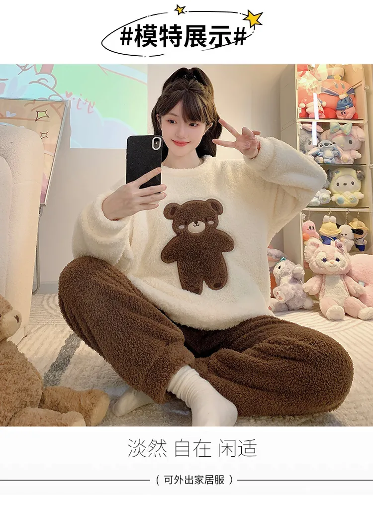 하프 플리스 파자마 여성 가을 겨울 캐주얼 스타일 긴팔 긴바지 빅사이즈 110kg 뚱뚱 MM 홈웨어 외출 가능 · 도매 · OEM · 전 세계 배송 - Detail 6
