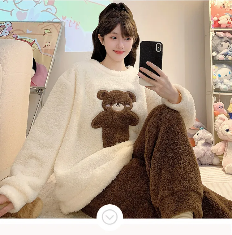 하프 플리스 파자마 여성 가을 겨울 캐주얼 스타일 긴팔 긴바지 빅사이즈 110kg 뚱뚱 MM 홈웨어 외출 가능 · 도매 · OEM · 전 세계 배송 - Detail 7