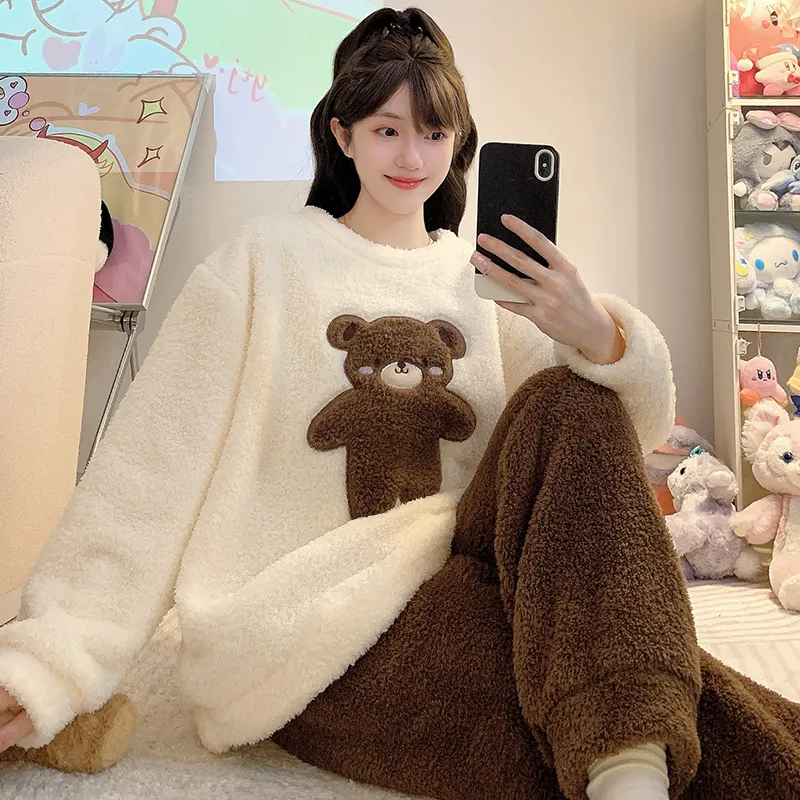 하프 플리스 파자마 여성 가을 겨울 캐주얼 스타일 긴팔 긴바지 빅사이즈 110kg 뚱뚱 MM 홈웨어 외출 가능 · 도매 · OEM · 전 세계 배송 - View 1