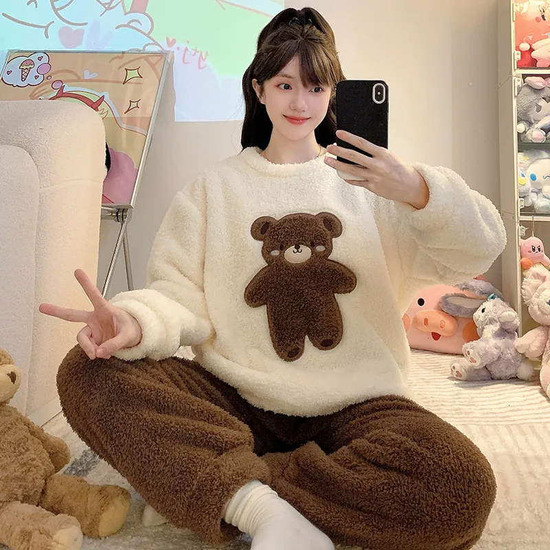 하프 플리스 파자마 여성 가을 겨울 캐주얼 스타일 긴팔 긴바지 빅사이즈 110kg 뚱뚱 MM 홈웨어 외출 가능 · 도매 · OEM · 전 세계 배송 - View 2