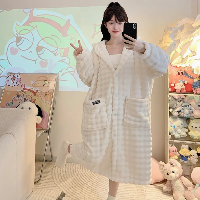 Bathrobe Absorbent Jacquard 360g Autumn Winter Wearable Bath Towel Wrap Robe Loose Plus Size 150kg Sweet Nightgown · Wholesale · OEM · Worldwide Shipping - View 3