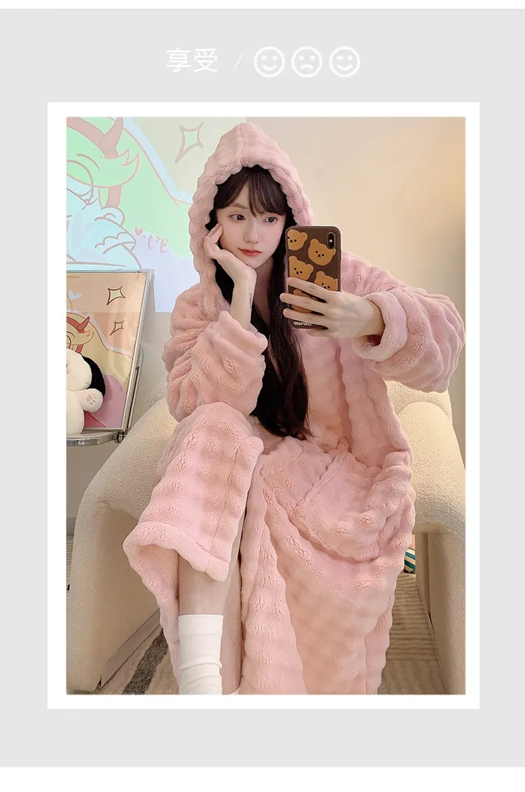 Bathrobe Absorbent Jacquard 360g Autumn Winter Wearable Bath Towel Wrap Robe Loose Plus Size 150kg Sweet Nightgown · Wholesale · OEM · Worldwide Shipping - Detail 11