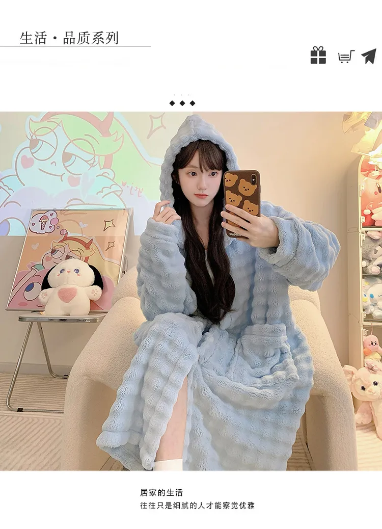 Bathrobe Absorbent Jacquard 360g Autumn Winter Wearable Bath Towel Wrap Robe Loose Plus Size 150kg Sweet Nightgown · Wholesale · OEM · Worldwide Shipping - Detail 20