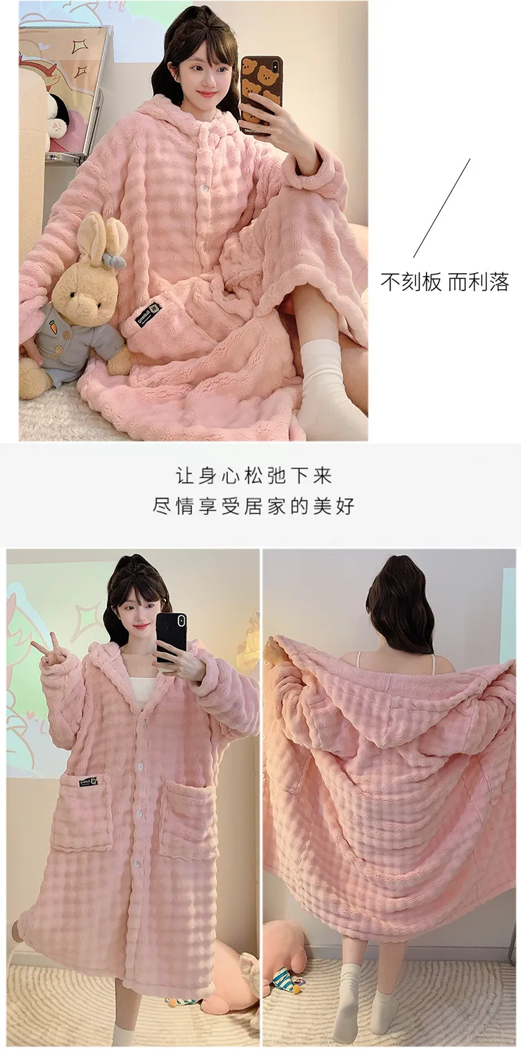 Bathrobe Absorbent Jacquard 360g Autumn Winter Wearable Bath Towel Wrap Robe Loose Plus Size 150kg Sweet Nightgown · Wholesale · OEM · Worldwide Shipping - Detail 12