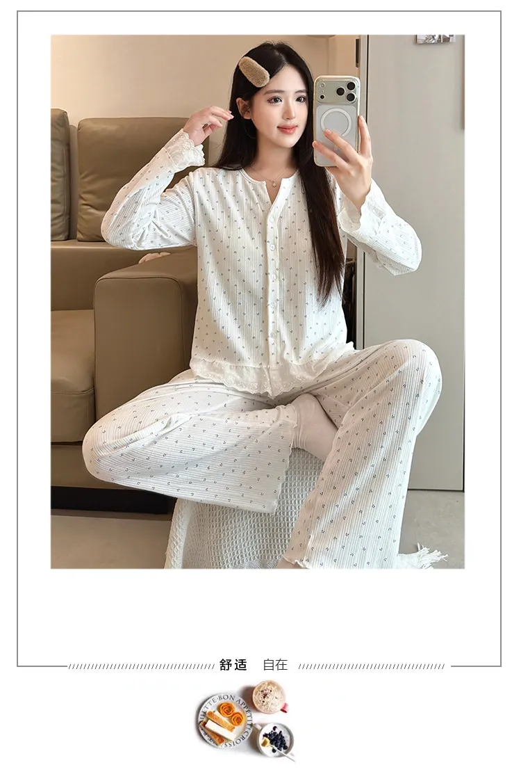 Piama Wanita Bahan Katun 6535 Musim Semi Musim Gugur Gaya Manis ala Ins Cardigan Lengan Panjang Celana Panjang Set Dua Potong Pakaian Rumah Pelajar Bisa Dipakai Keluar · Grosir · OEM · Pengiriman Global - Detail 30