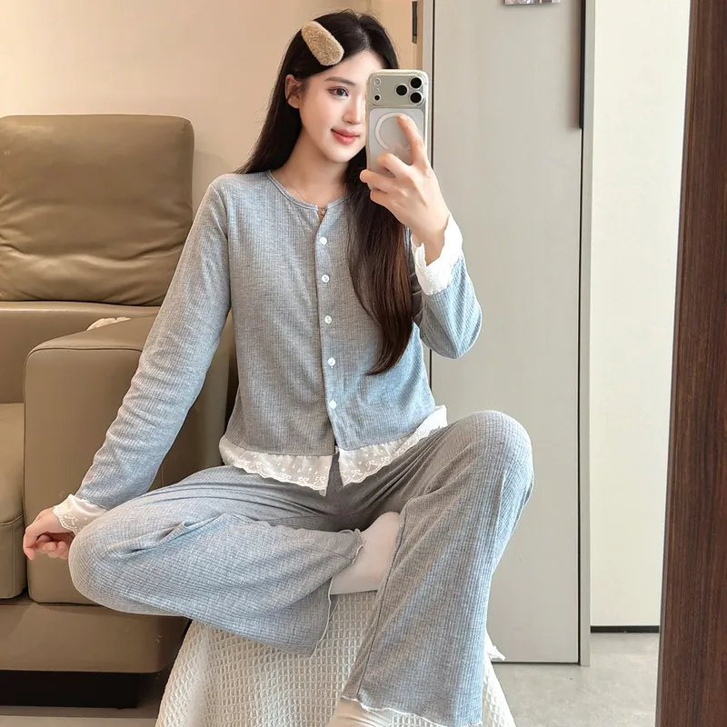 بيجامة نسائية من قطن 6535 للربيع والخريف، طقم من قطعتين بأسلوب حلو على طريقة ins، سترة بأكمام طويلة وبنطال طويل، ملابس منزلية للطلاب قابلة للارتداء خارج المنزل · بيع بالجملة · تصنيع حسب الطلب · شحن عالمي - View 2