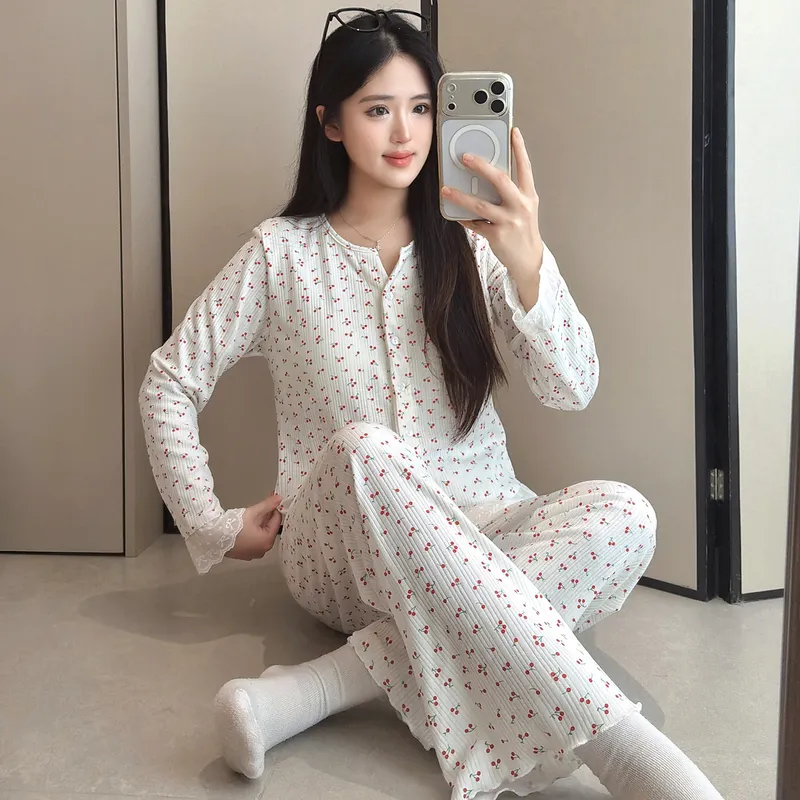 6535 면 파자마 여성 봄가을 시즌 스위트 인스풍 오픈 카디건 긴팔 긴바지 투피스 학생 홈웨어 외출복 · 도매 · OEM · 전 세계 배송 - View 2