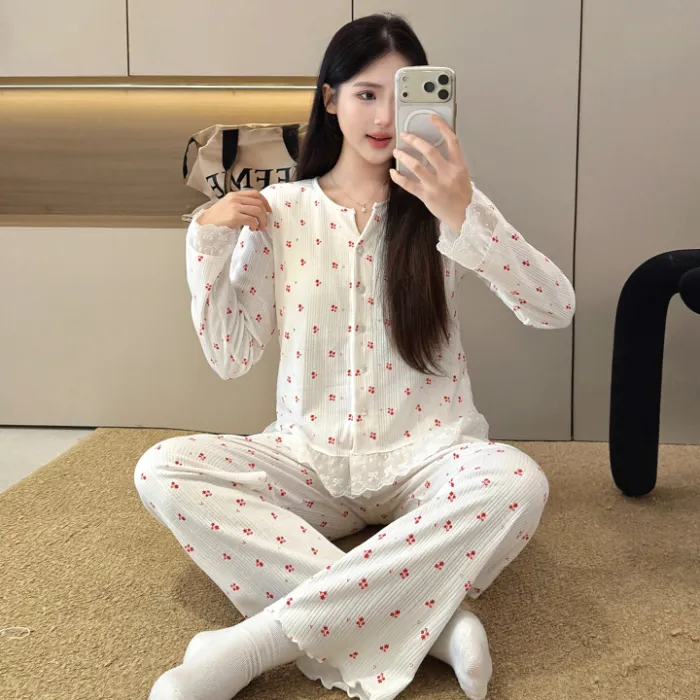 6535 면 파자마 여성 봄가을 시즌 스위트 인스풍 오픈 카디건 긴팔 긴바지 투피스 학생 홈웨어 외출복 · 도매 · OEM · 전 세계 배송 - Detail 3