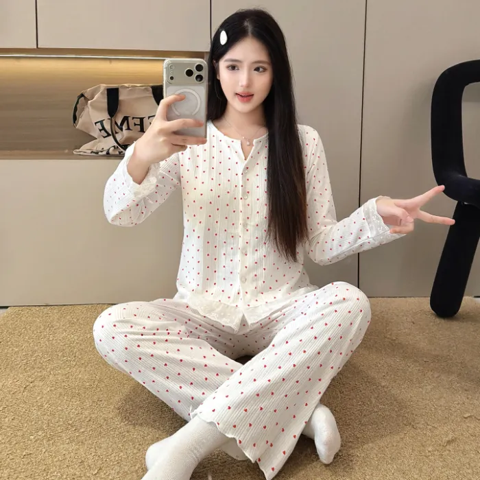 6535 면 파자마 여성 봄가을 시즌 스위트 인스풍 오픈 카디건 긴팔 긴바지 투피스 학생 홈웨어 외출복 · 도매 · OEM · 전 세계 배송 - Detail 1
