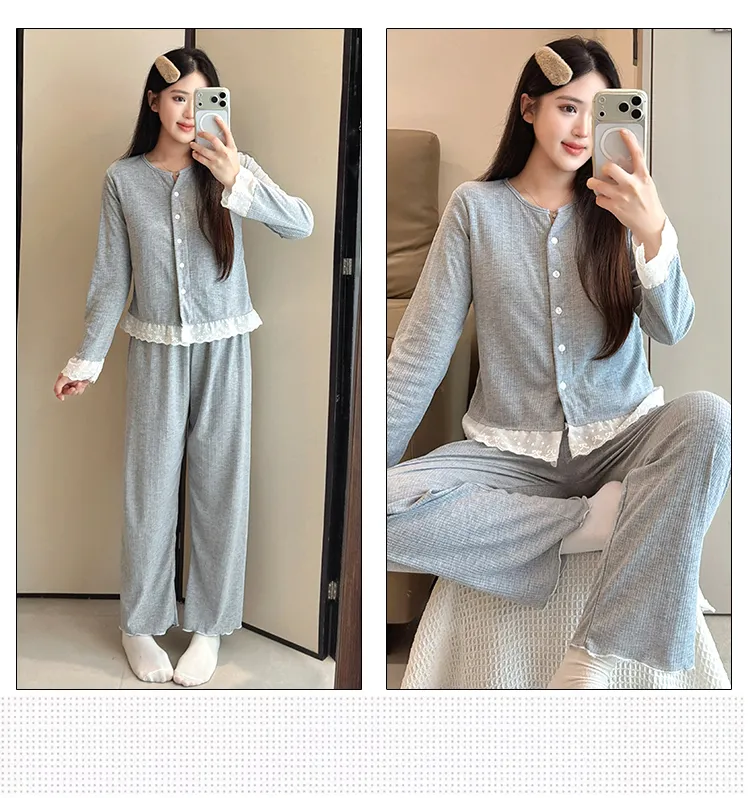 Piama Wanita Bahan Katun 6535 Musim Semi Musim Gugur Gaya Manis ala Ins Cardigan Lengan Panjang Celana Panjang Set Dua Potong Pakaian Rumah Pelajar Bisa Dipakai Keluar · Grosir · OEM · Pengiriman Global - Detail 25