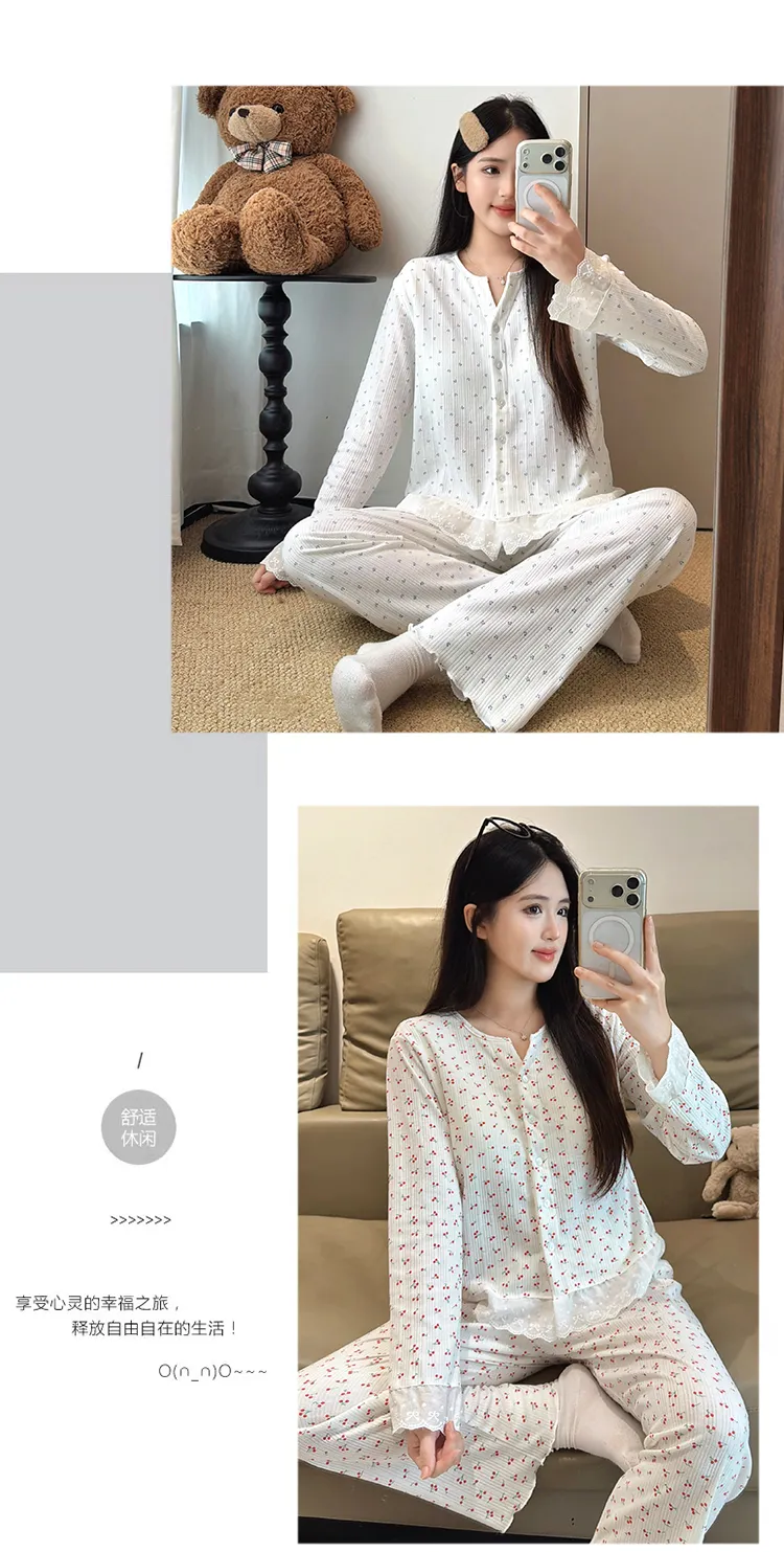 Piama Wanita Bahan Katun 6535 Musim Semi Musim Gugur Gaya Manis ala Ins Cardigan Lengan Panjang Celana Panjang Set Dua Potong Pakaian Rumah Pelajar Bisa Dipakai Keluar · Grosir · OEM · Pengiriman Global - Detail 31