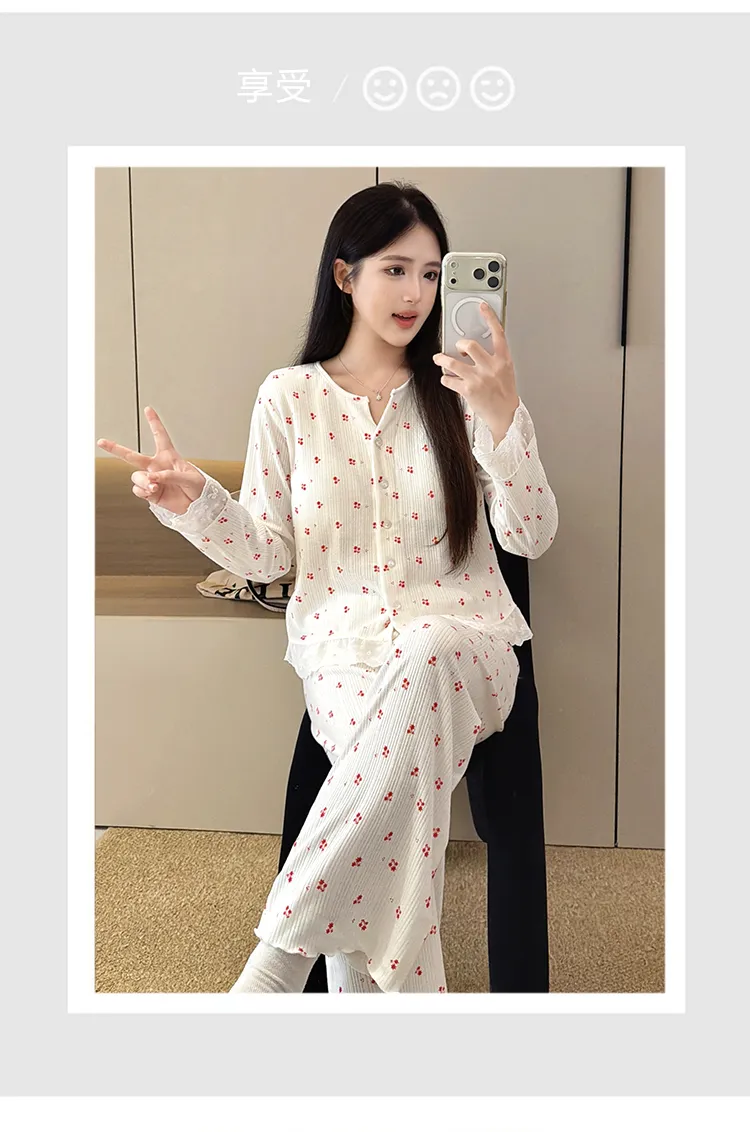 6535 면 파자마 여성 봄가을 시즌 스위트 인스풍 오픈 카디건 긴팔 긴바지 투피스 학생 홈웨어 외출복 · 도매 · OEM · 전 세계 배송 - Detail 20