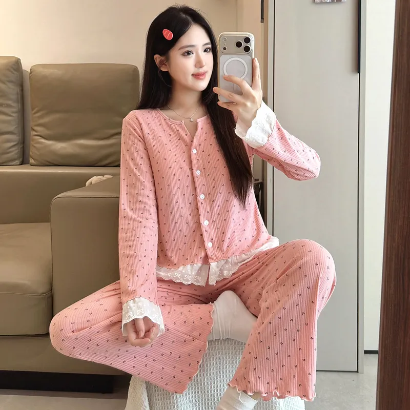 Piama Wanita Bahan Katun 6535 Musim Semi Musim Gugur Gaya Manis ala Ins Cardigan Lengan Panjang Celana Panjang Set Dua Potong Pakaian Rumah Pelajar Bisa Dipakai Keluar · Grosir · OEM · Pengiriman Global - View 2